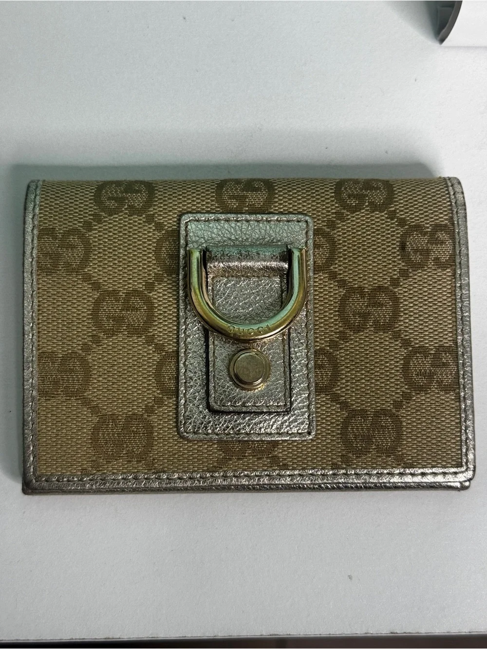 Gucci Beige Monogram Canvas Card Case with Metallic Trim